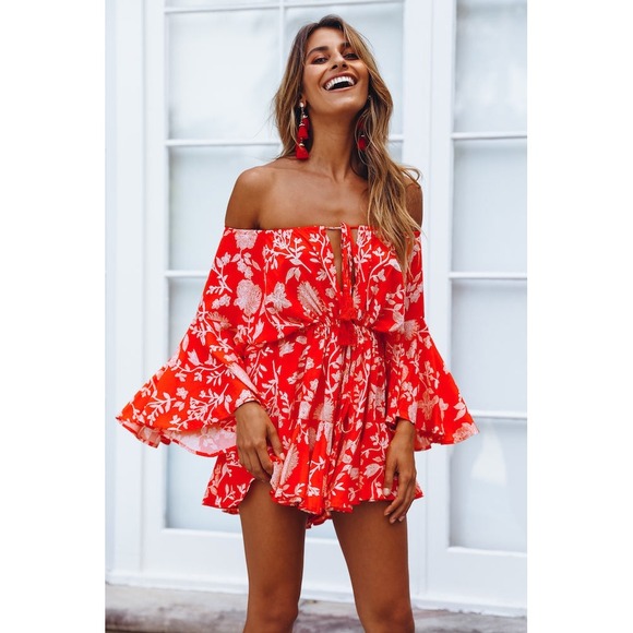 Hello Molly Made in the Aftermath Romper Red Floral Off Shoulder Bell Sleeve M - Picture 1 of 11